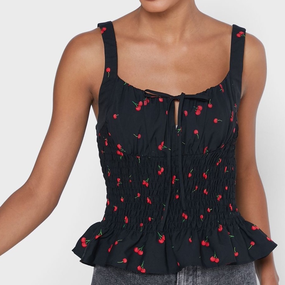 Topshop cherry print black shirred cami/blouse